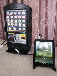 Photograph of 
Storage Options Scroll Engage tablet  connected to Fender Passport PD150+ amplifier